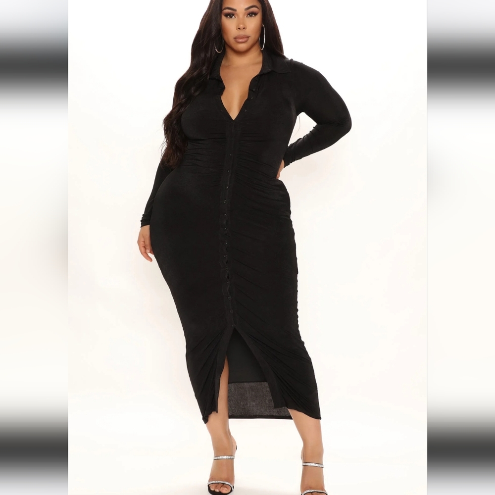 Fashion nova black silky smooth long sleeve slinky dress NWT size 3x